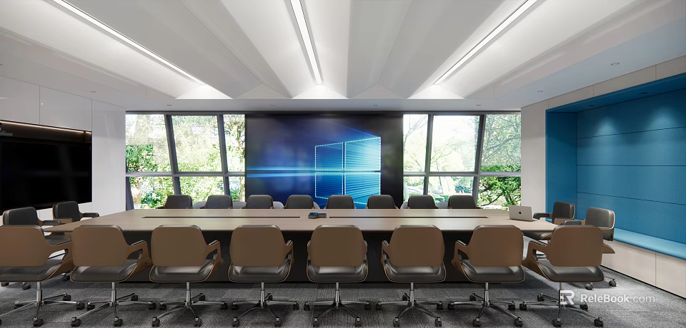 Modern Conference Room Interior With Large Screen Wooden Table Comfortable Chairs And Windows 3d model 