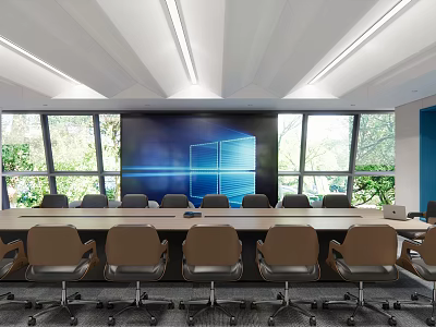 Modern Conference Room Interior With Large Screen Wooden Table Comfortable Chairs And Windows 3d model