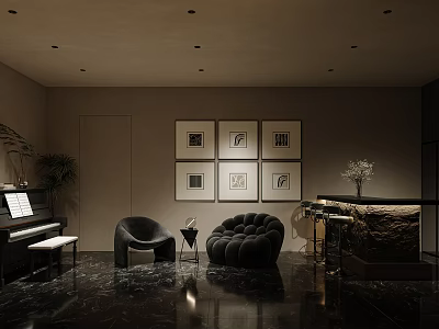 Modern Leisure Room With Piano Cozy Sofas Framed Art And Bar Counter 3d model