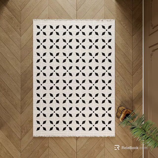 Square Rug With Black And White Geometric Pattern Fringe Edge On Wooden Floor 3d model 