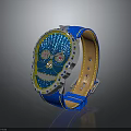 Fashionable Blue Skull Pattern Leather Strap With Metal Buckle Pink Jeweled Eyes And Yellow Accents