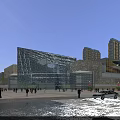 Modern Commercial Street With Glass Facade Buildings Pedestrians Vehicles And Tall Skyscrapers Under Evening Sky