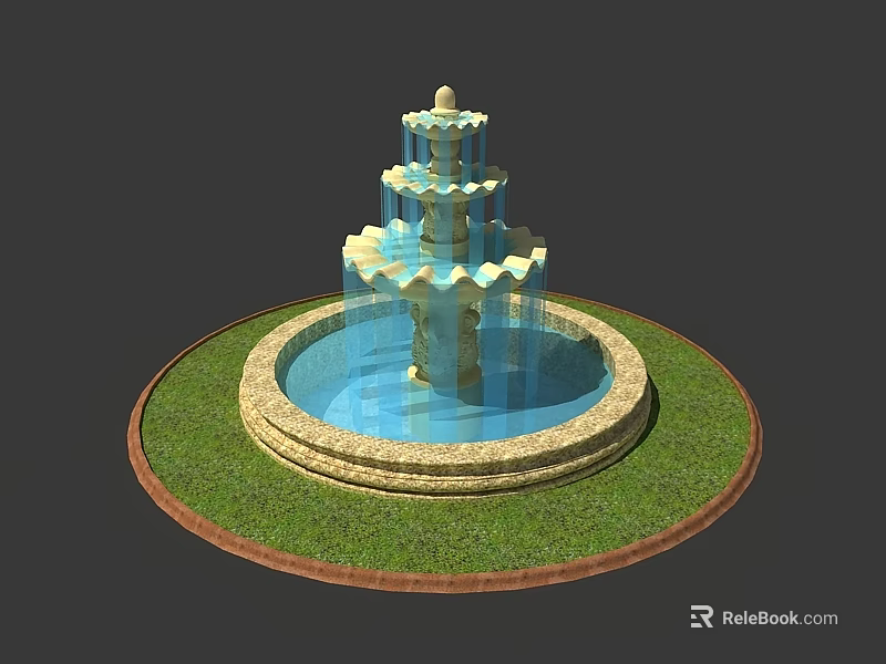 Three Tiered Decorative Garden Fountain With Circular Stone Base And Green Lawn Enhancing Outdoor Decor 3d model 