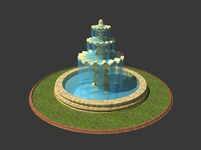 Three Tiered Decorative Garden Fountain With Circular Stone Base And Green Lawn Enhancing Outdoor Decor 3d model