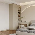 Modern Paneled Wardrobe Interior With Neutral Tones Dressing Table Mirror Shelves And Decorative Drawers