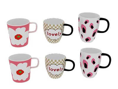 Colorful Household Mugs With Floral Pattern Lovely Text And Leopard Print Designs 3d model