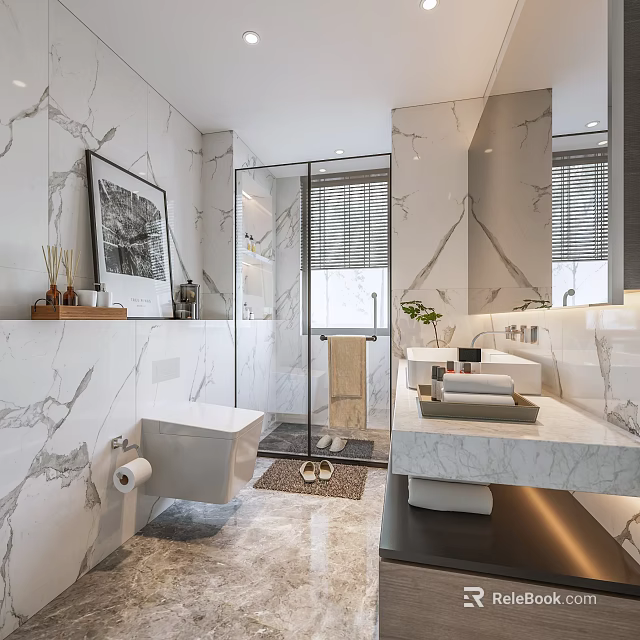 Modern Bathroom Interior With Marble Shower Vanity Mirror Toilet And Decorative Painting 3d model 