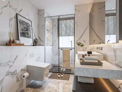 Modern Bathroom Interior With Marble Shower Vanity Mirror Toilet And Decorative Painting 3d model
