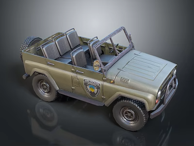 Military Green Vintage Convertible Jeep Model With Open Top And Detailed Seats 3d model