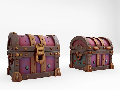Two Vintage Wooden Treasure Chests With Purple Brown Finish And Decorative Metal Latches Rivets 3d model