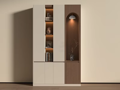 Modern Entryway Side Cabinet White And Brown With Storage Shelves Decorative Items Built In Lighting 3d model