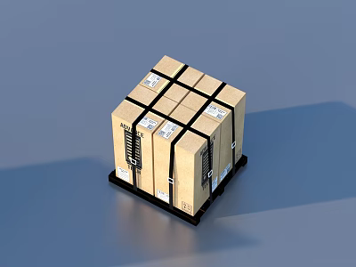 Household Items Packed In Stacked Cardboard Boxes Secured With Black Straps On Pallet 3d model