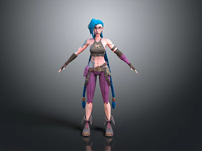 Woman 3D Character With Blue Hair Pigtails Purple Pants Arm Braces And Star Tattoo 3d model