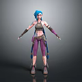 Woman 3D Character With Blue Hair Pigtails Purple Pants Arm Braces And Star Tattoo