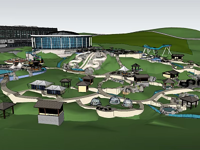 Water Park Recreational Area Featuring Slides Pavilions Buildings Green Lawns And Water Channels 3d model