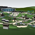 Water Park Recreational Area Featuring Slides Pavilions Buildings Green Lawns And Water Channels
