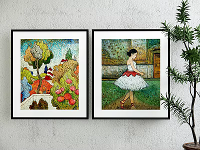 Two Framed Wall Artworks With Nature Elements And Ballerina In White Dress With Red Sash 3d model
