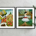 Two Framed Wall Artworks With Nature Elements And Ballerina In White Dress With Red Sash