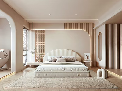 Elegant Modern Bedroom Interior Design With Arched Headboard Beige Tones And Wooden Slat Wall 3d model