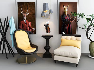 Elegant Leisure Sofa Set With Accent Chair Decorative Paintings Floor Lamp And Potted Plant 3d model