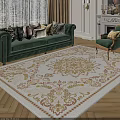 Elegant Living Room Interior With Green Sofa Patterned Rug Armchair Pillows And Fireplace