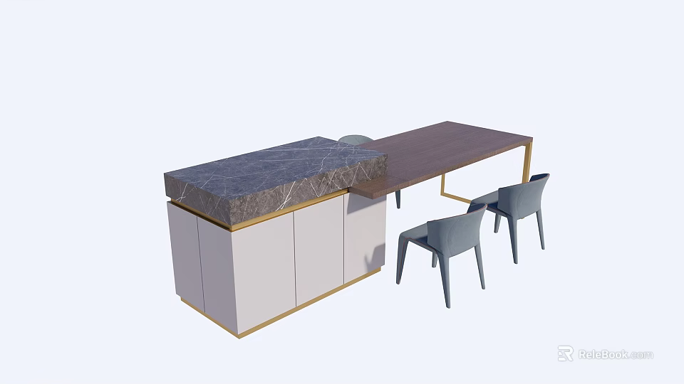 Elegant Dining Table Set With Marble Countertop Wooden Tabletop Grey Chairs And Golden Frame 3d model 