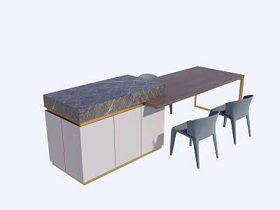Elegant Dining Table Set With Marble Countertop Wooden Tabletop Grey Chairs And Golden Frame 3d model