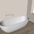 White Freestanding Bathtub With Black Wall Mounted Faucet On Smooth Wooden Floor