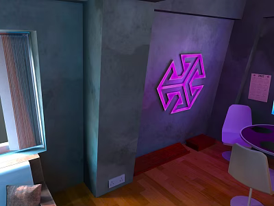 Interior Scene with Gray Walls Purple Neon Geometric Pattern White Chairs Wooden Floor and Window 3d model