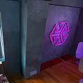 Interior Scene with Gray Walls Purple Neon Geometric Pattern White Chairs Wooden Floor and Window