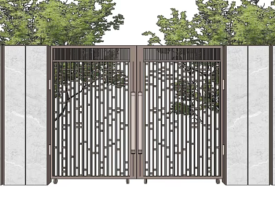 Modern Double Entrance Gate With Vertical Metal Bars White Walls And Green Trees 3d model