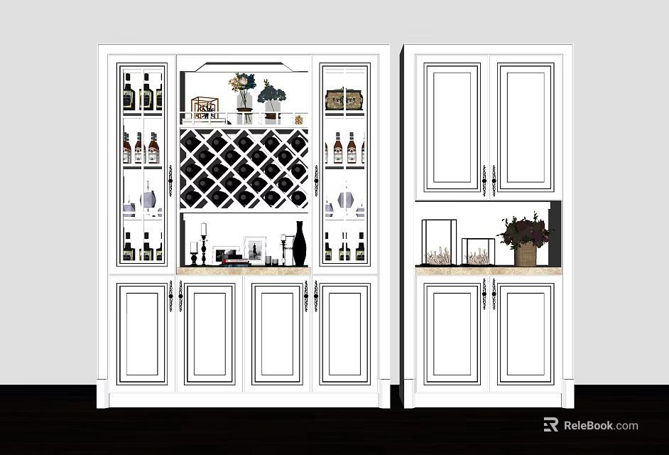 White Wine Cabinet Featuring Diamond Shaped Wine Rack Multiple Cabinets And Decorative Storage 3d model