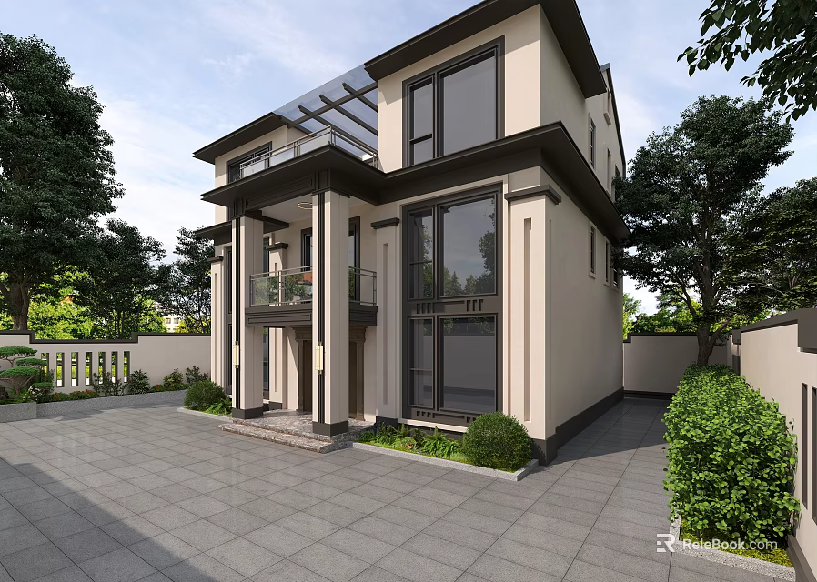 Modern Two Story Detached Villa Exterior With Large Windows Courtyard And Greenery 3d model 