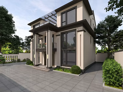 Modern Two Story Detached Villa Exterior With Large Windows Courtyard And Greenery 3d model