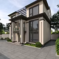 Modern Two Story Detached Villa Exterior With Large Windows Courtyard And Greenery