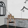 Traditional Chinese Leisure Chair Interior With Clay Pots And Branch Pendant Light