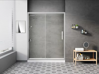 Bathroom Washbasin With Wooden Cabinet Gray Walls Glass Shower And Black White Patterned Floor 3d model
