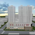 Modern Tall Residential Towers With Surrounding Low Rise Buildings Green Area And Road