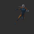 Armored Character With Blue Orange Armor Long Red Head Appendage Wielding Sword In Dynamic Pose