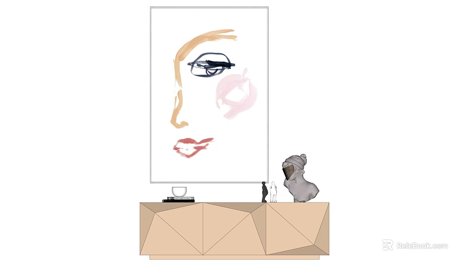 Abstract Face Wall Art Above Decorative Cabinet With Small Animal Figurine 3d model 
