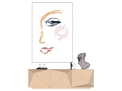 Abstract Face Wall Art Above Decorative Cabinet With Small Animal Figurine 3d model