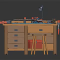 Wooden Workbench With Matching Stool Tools Table Lamp And Paint Cans On Top Below Drawers