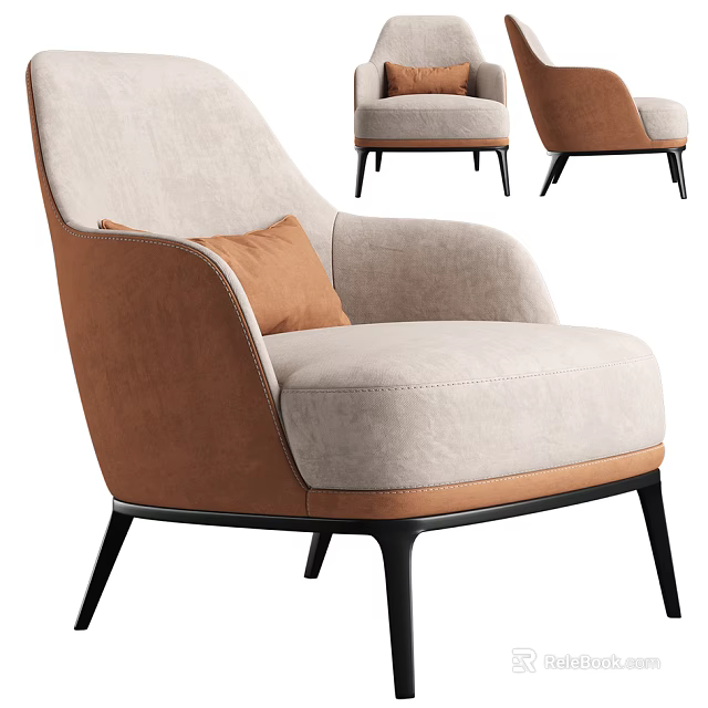 Modern Single Seater Sofa With Beige Brown Upholstery And Orange Cushion Black Legs 3d model 