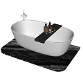 Stylish White Bathtub On Black Marble Countertop With Bath Product Bottles And Silver Faucet