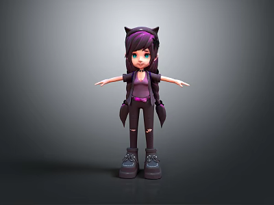 Game Movie Character 3D Cartoon Girl With Purple Hair Cat Ears And Pigtails 3d model