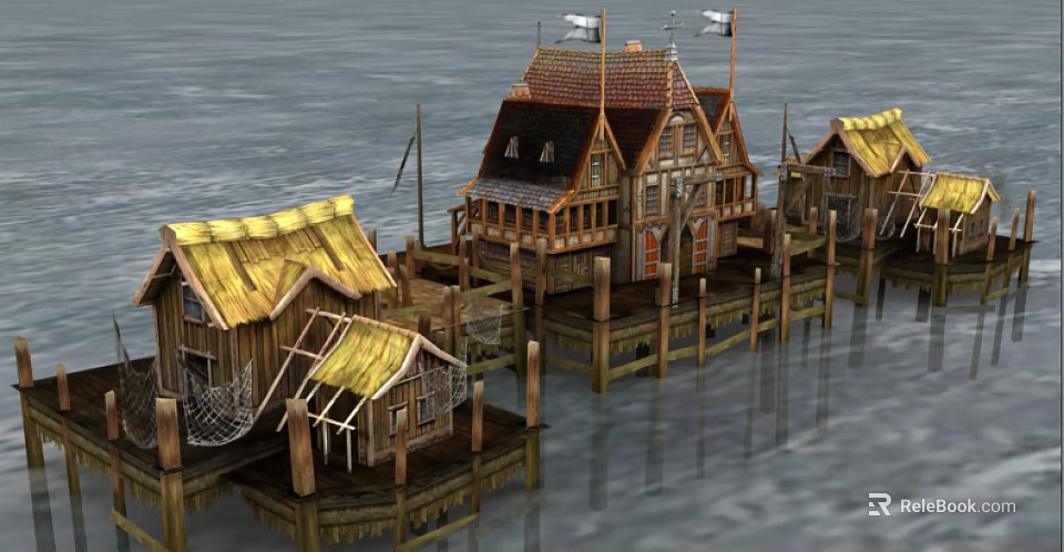 Scenic Wooden Houses On Stilts Over Water With Thatched And Tile Roofs 3d model 