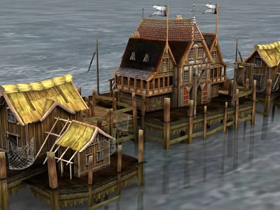 Scenic Wooden Houses On Stilts Over Water With Thatched And Tile Roofs 3d model