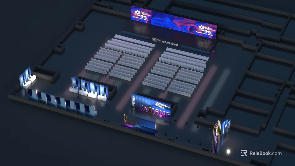 Modern Conference Hall Interior With Stage Seats And Large Digital Screens 3d model 