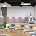 Kindergarten Classroom Interior With Round Lights Wooden Tables Shelves Digital Clock And Colorful Decor