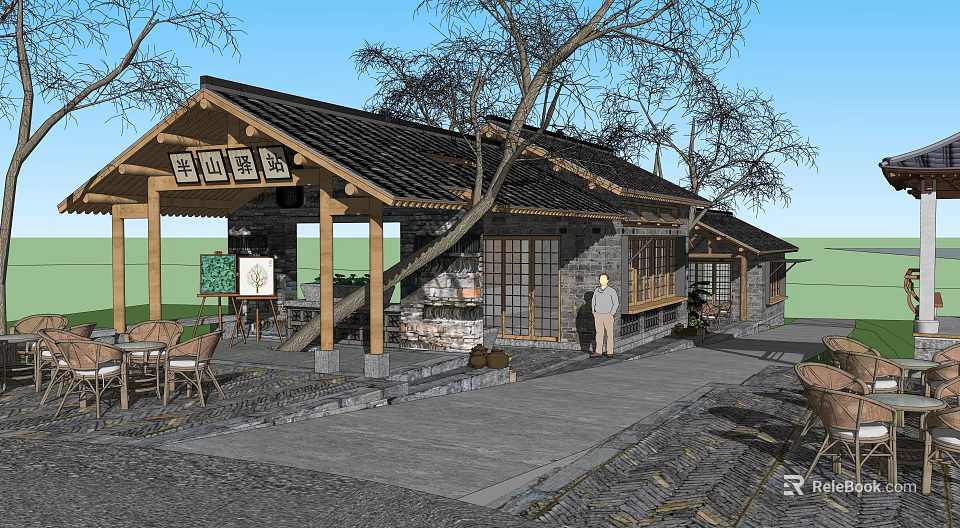 Traditional Chinese Post House With Wooden Porch Tiled Roof Trees And Outdoor Seating 3d model 